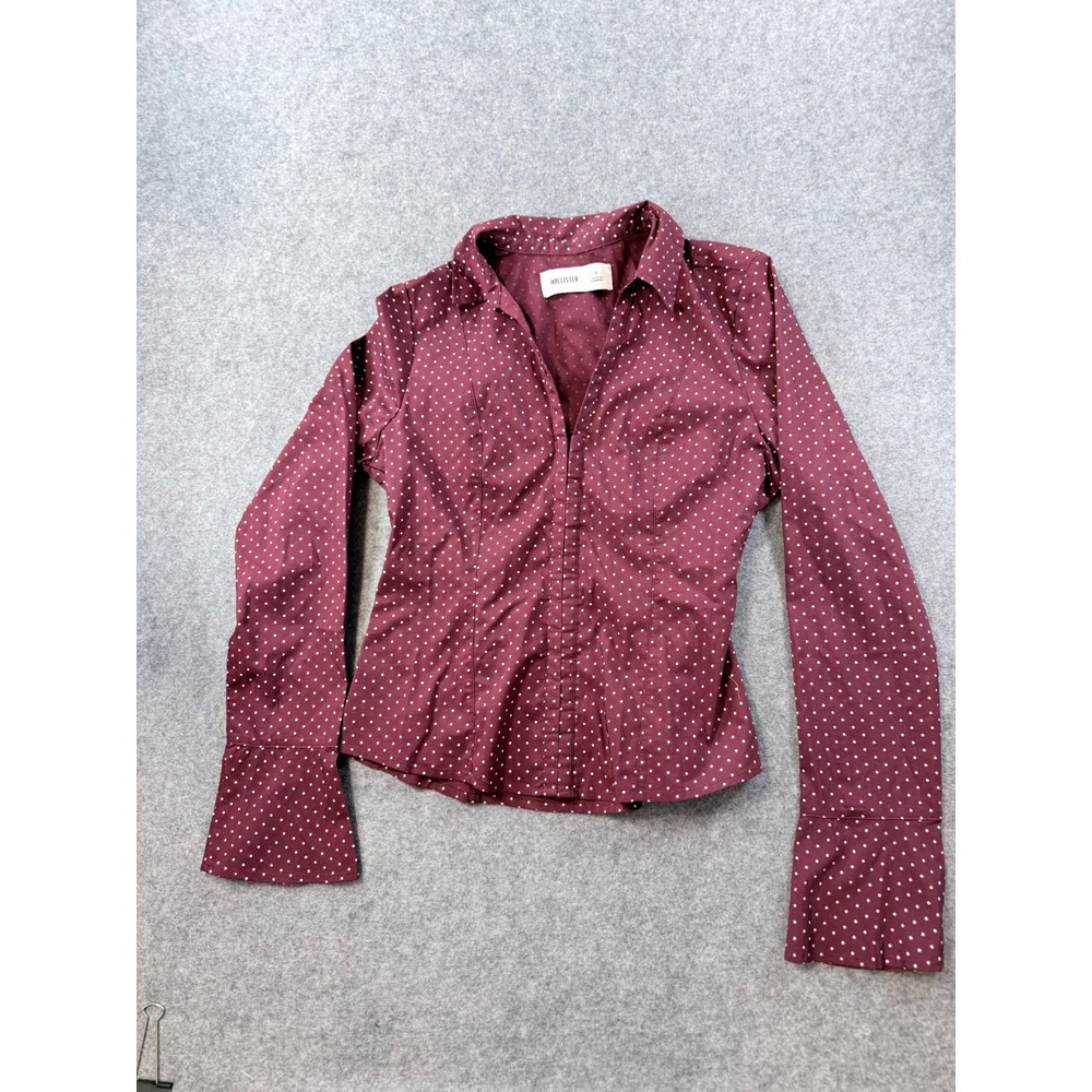Hollister Burgundy Polka Dot Long Sleeve Flared Cuff Tie Back Shirt Small